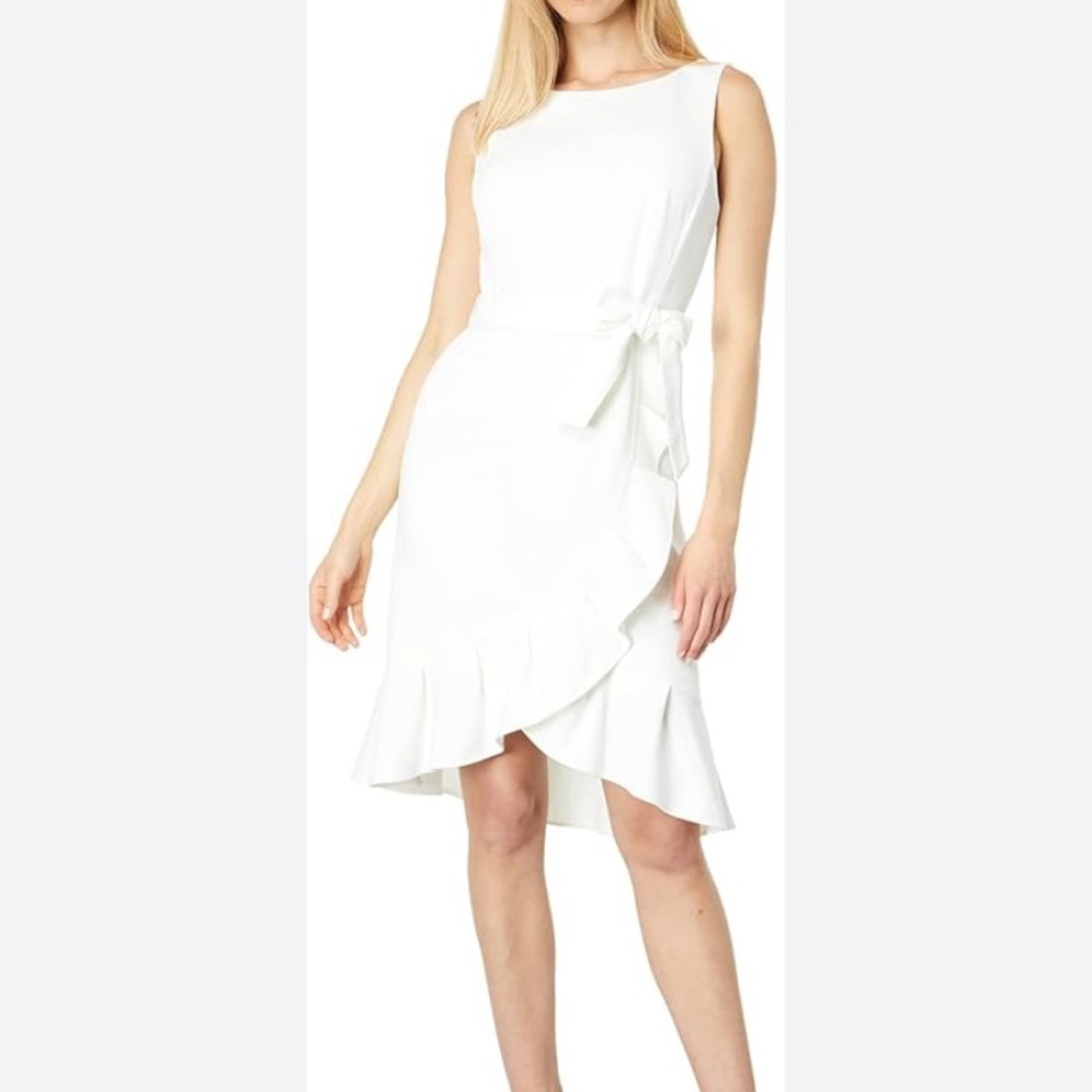 Calvin Klein tied ruffle dress white